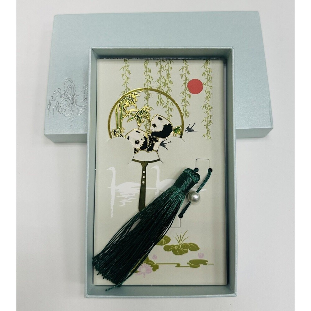 BOOKMARK - Golden Metallic Panda with Green Pearl & Tassel - New in Gift Box